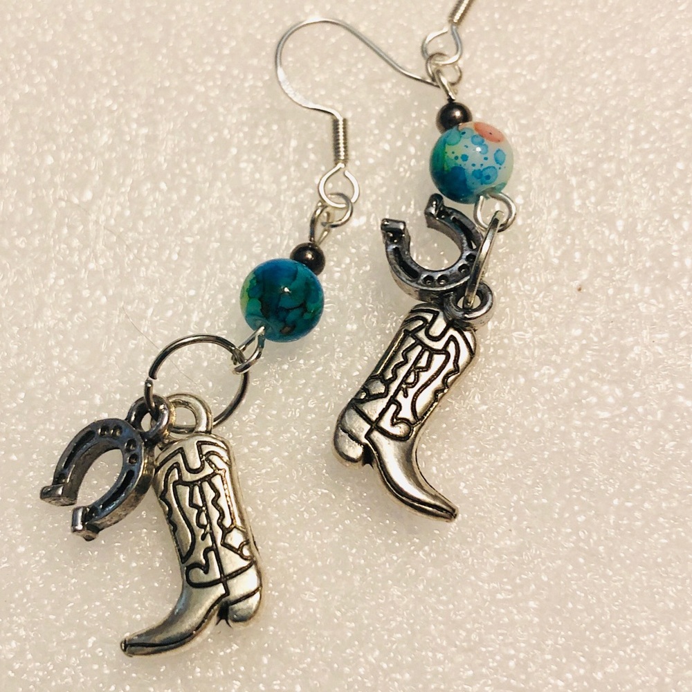 Cowboy Boot earrings, horseshoes, blue green beads